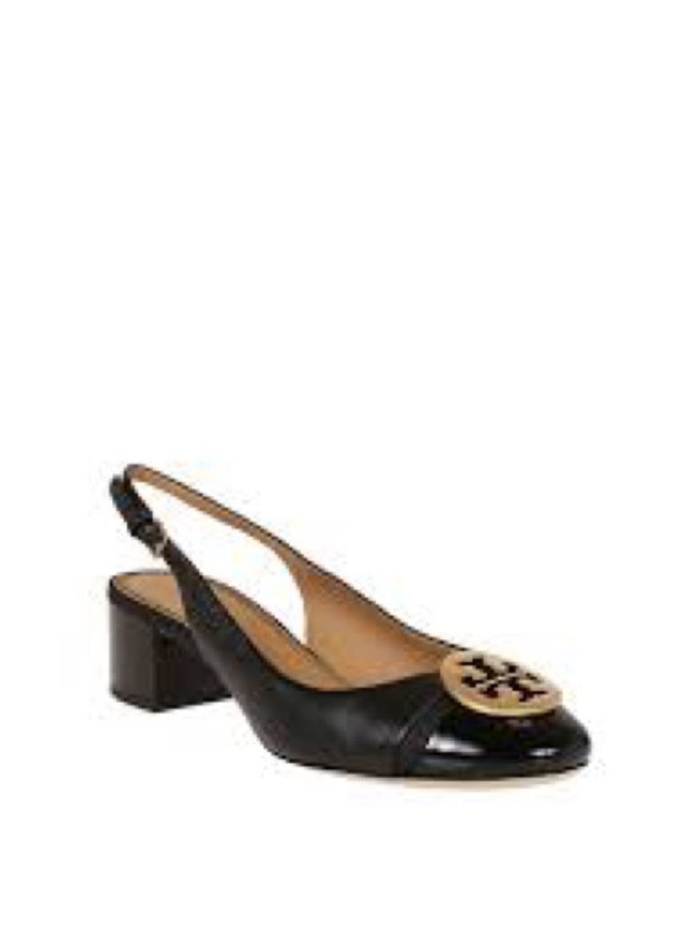 Tory Burch Black Leather Slingback Block Heel with Gold Logo